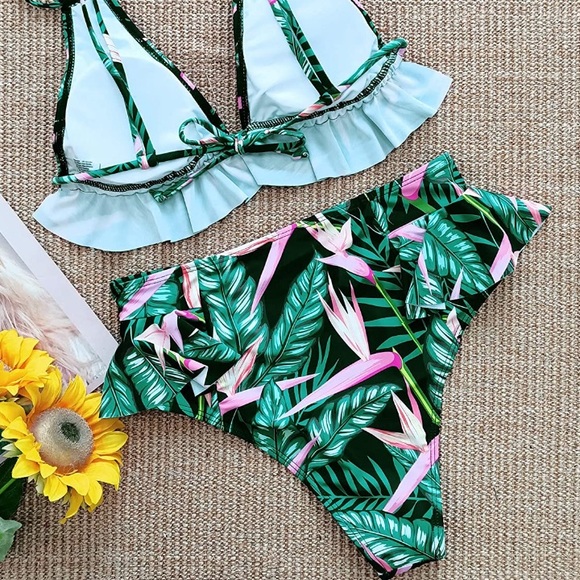 Ruffle High Waist Bikini Black Palm Leaf Print M/L - Picture 6 of 6